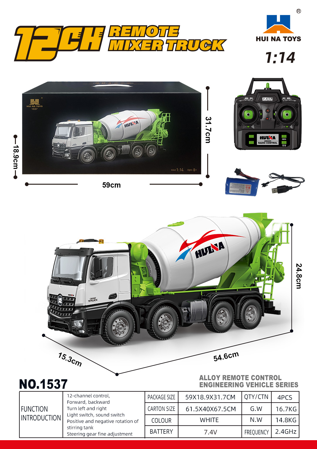 Metal 1/14 RC Mixer Truck RTR 2.4GHz Radio 12CH Light Sound Effects Remote Control Agitating Lorry Finished Model Toys Battery