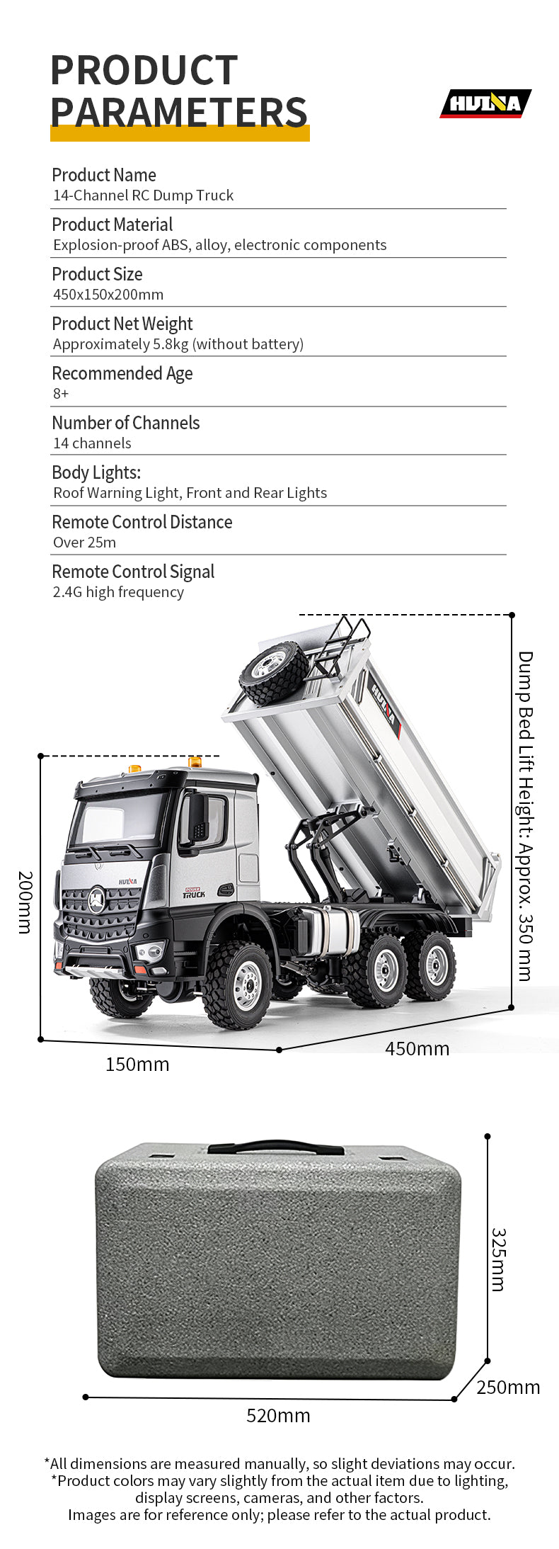 Pre-order HUINA 1598PRO 1/14 Metal Remote Control Dump Truck 6X6 Engineering Vehicle Electric RC Tipper Model Light Sound System Battery
