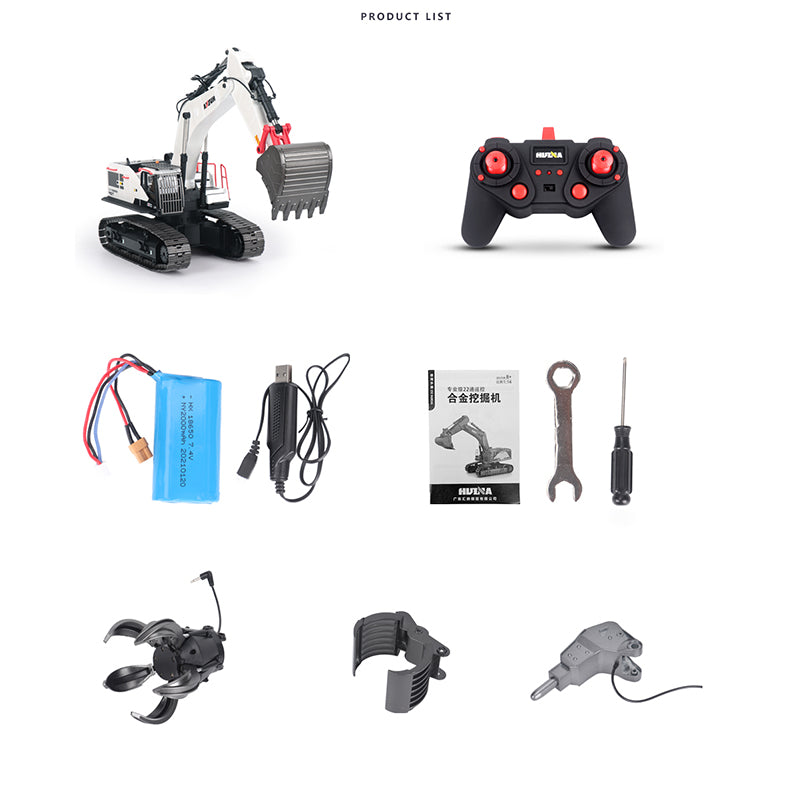 1/14 HUINA RC Metal Excavator Model Toys 1594 Radio Light Battery 22CH Sound Wooden Claw Ball Claw