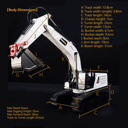 HUINA 1/14 1594 Metal RC Excavator Model Bucket Drill Ball Wooden Claw Light Sound Battery&nbsp;Remote Control Vehicle