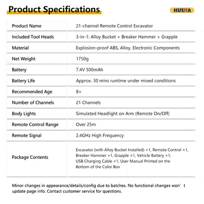 HUINA 1/14 1594 Metal RC Excavator Model Bucket Drill Ball Wooden Claw Light Sound Battery&nbsp;Remote Control Vehicle