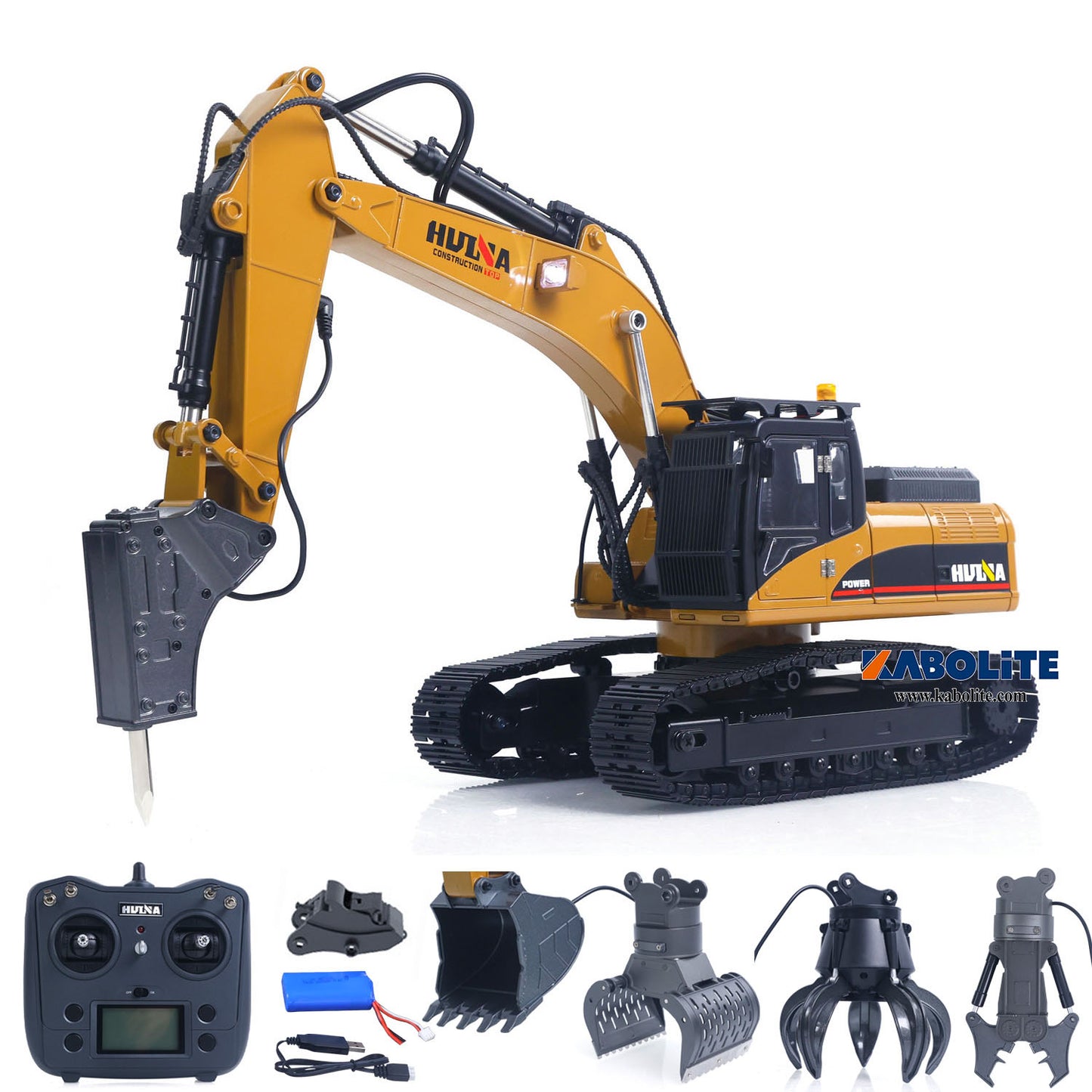 IN Stock HUINA 580 1/14 Metal RC Excavator Engineering Vehicle Model with Electric Hammer Ball Grabber Shear Timber Grab Sound Lights