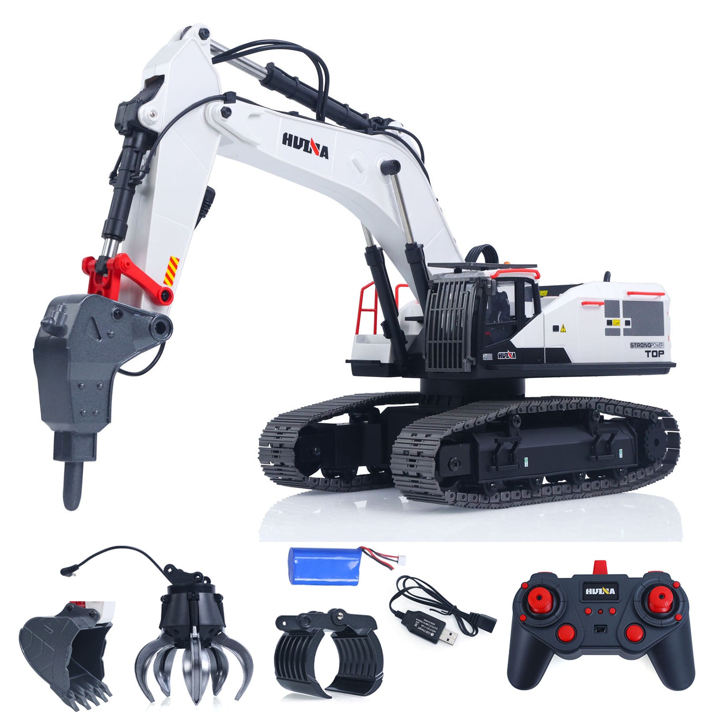 DE Stock HUINA 1/14 Metal 1594 RC Excavator Digger Model Bucket Drill Ball Wooden Claw Radio System Light Sound Battery Charger
