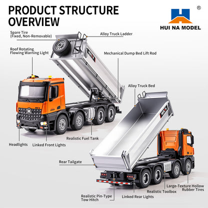 Pre-order HUINA 1/14 Metal Remote Control Dump Truck 1536-1 8X8 Electric Lifting RC Tipper Finished Model RTR Light Sound Effects Battery