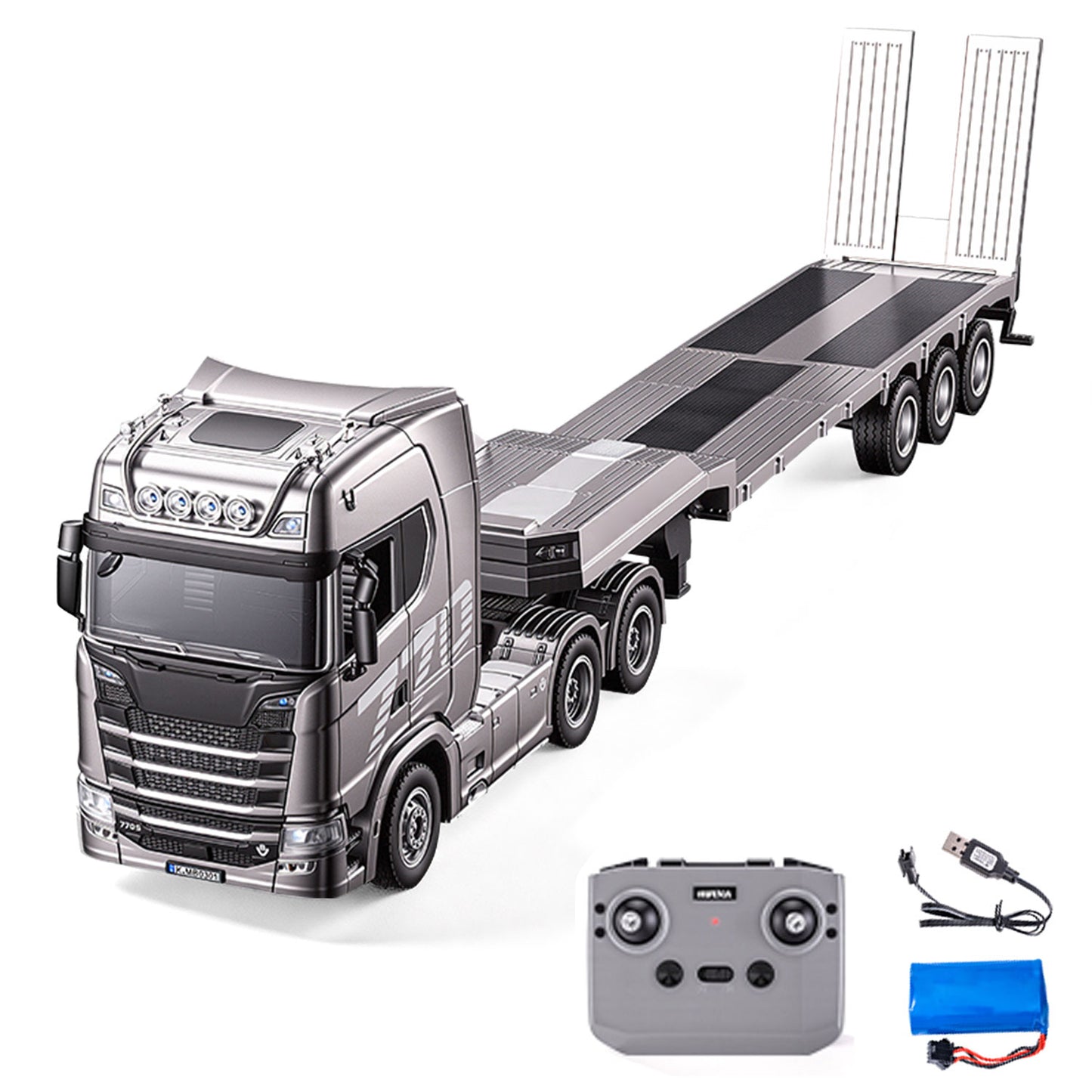Pre-order HUINA RTR 1/24 Remote Control Tractor Truck 770S W/ Light Sound System Manual Support Legs Tail Board 3Axle Semi Flatbed Trailer