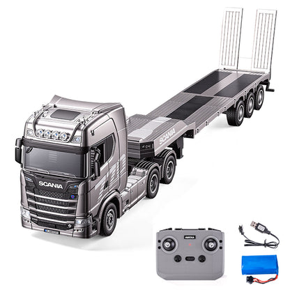 Pre-order HUINA RTR 1/24 Remote Control Tractor Truck 770S W/ Light Sound System Manual Support Legs Tail Board 3Axle Semi Flatbed Trailer