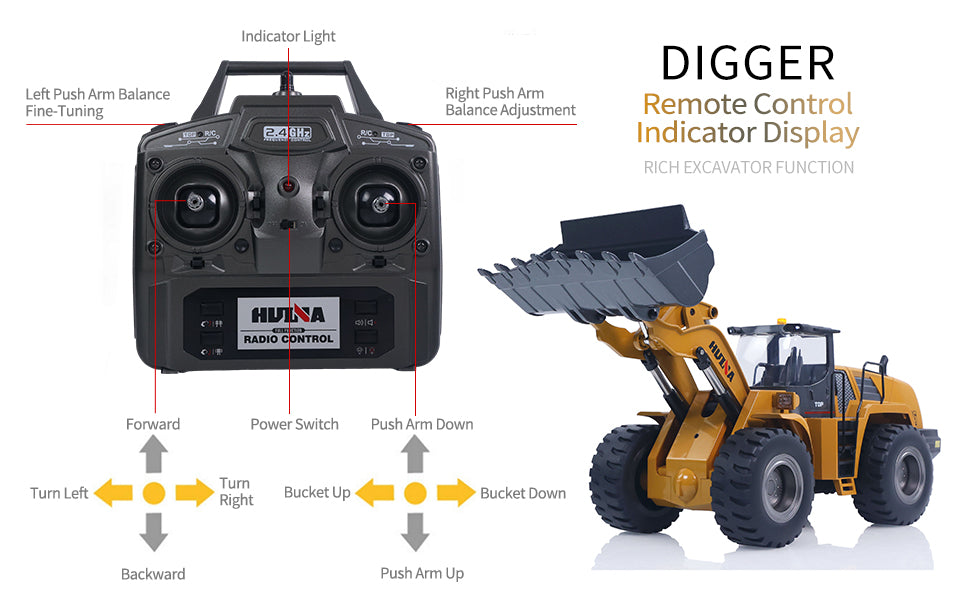 1/14 HUINA Toys 2.4G Radio Controlled Loader 1583 Electric Lifting System Lights Sound RC Construction Vehicles Assembled