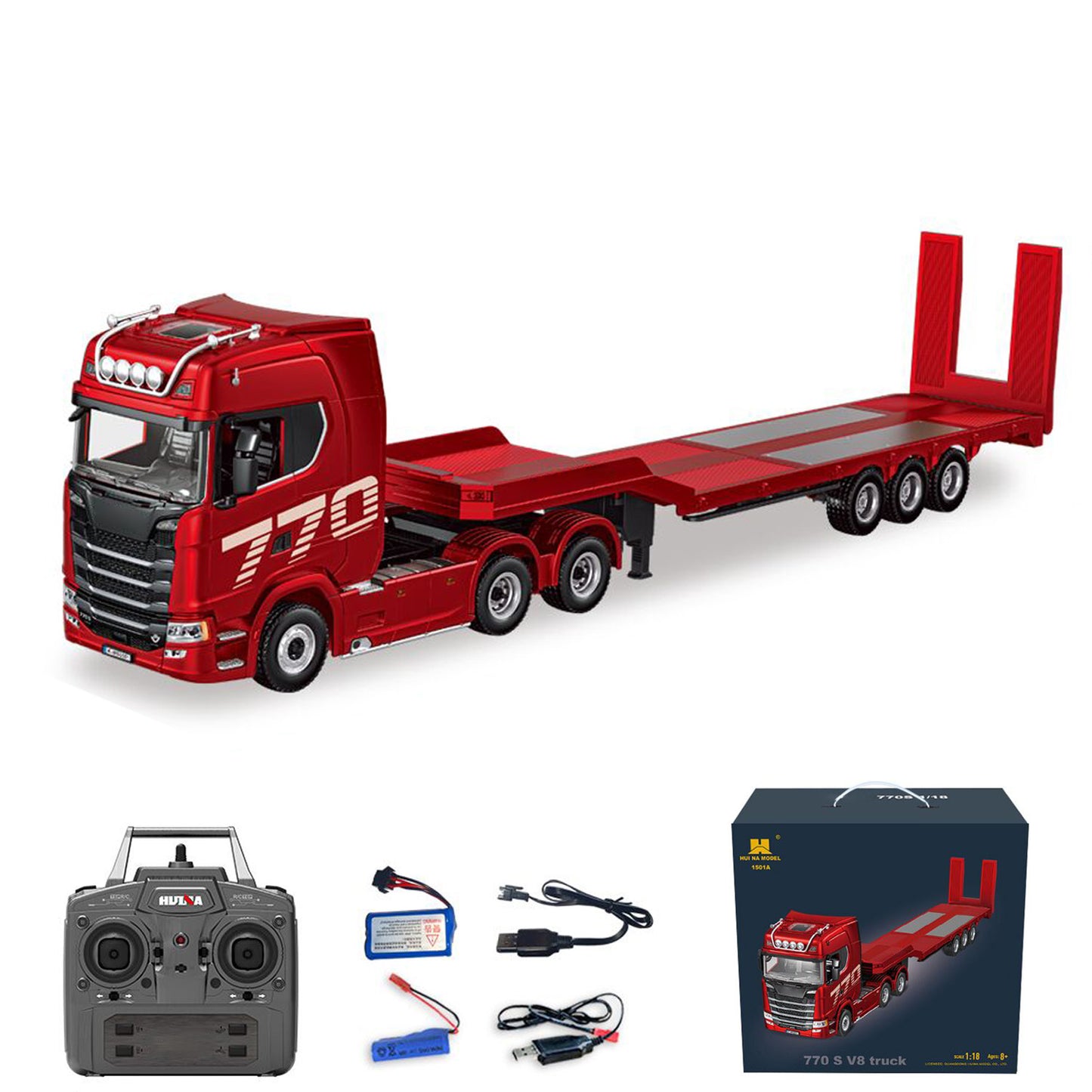 770S 1/18 Remote Control Tractor Truck 770S Electric Support Legs Tail Board 3Axle Plastic Semi Flatbed Trailer RTR Light System