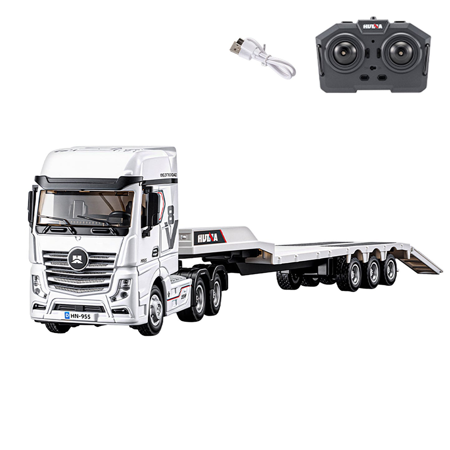 Pre-order RTR HUINA 1/64 Remote Control Tractor Truck 9900 W/ 3Axle Plastic Semi Flatbed Trailer Lights Sound Effect Manual Support Legs