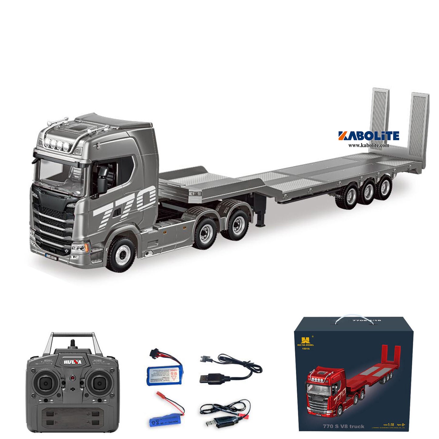 IN Stock HUINA 770S 1/18 6x4 RC Tractor Truck 1501A with 3Axle Plastic Semi Flatbed Trailer Electric Support Legs Tail Board Light System