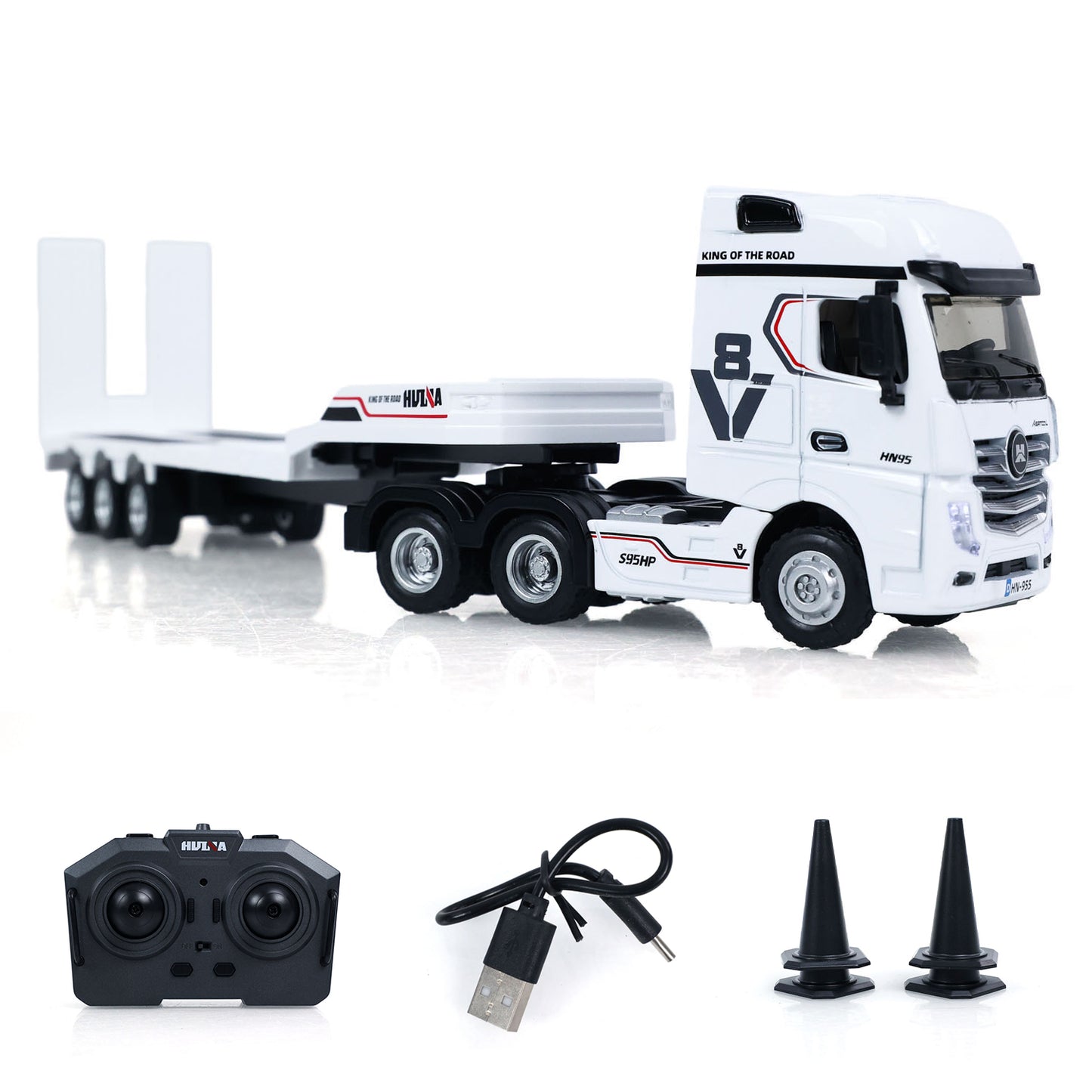 HUINA 9900 1/64 Remote Control RTR Tractor Truck W/ 3Axle Plastic Semi Flatbed Trailer Lights Sound Effect Manual Support Legs