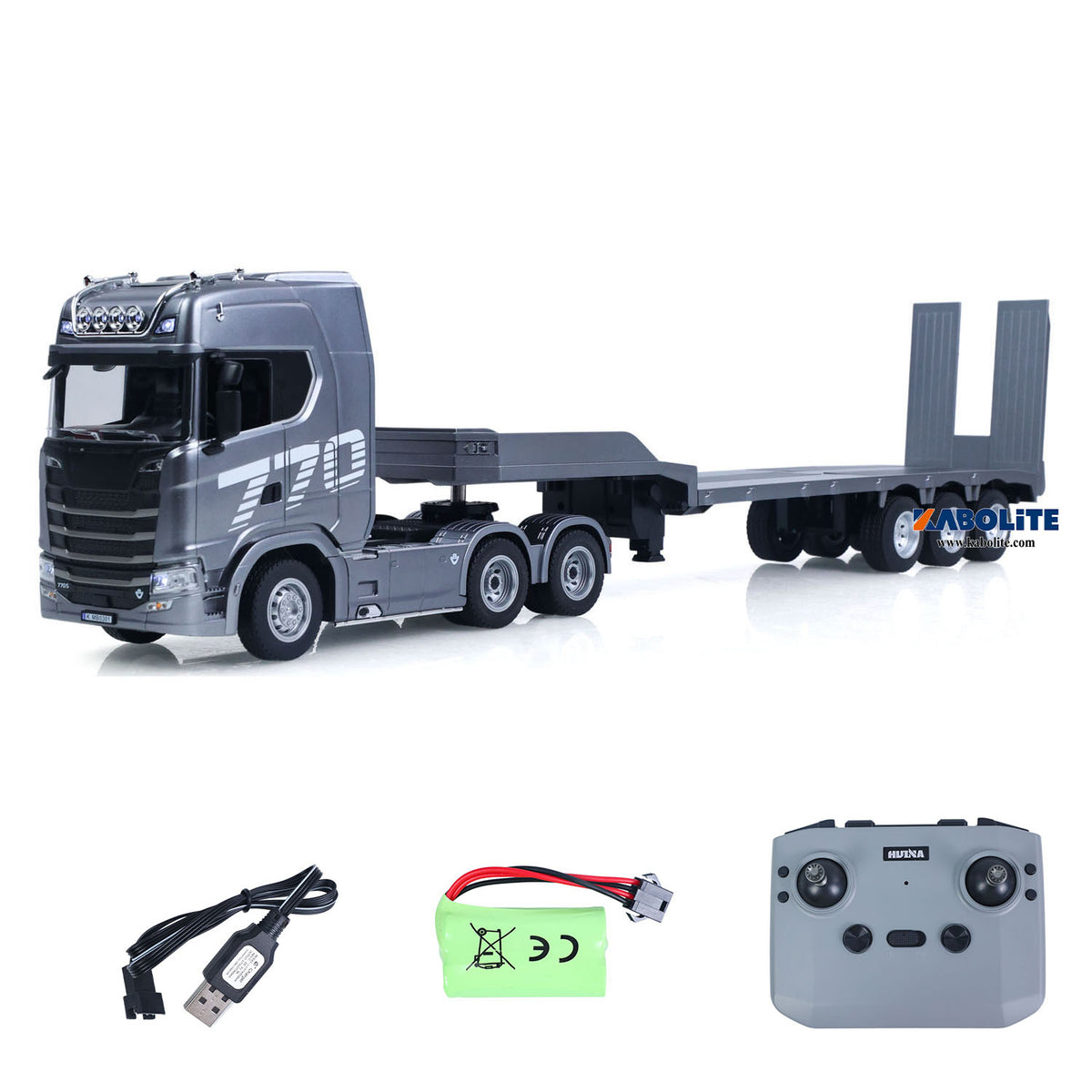 US Stock HUINA 770S 1/24 Radio Controlled Tractor Truck 1302A RTR Lights Sounds W/ 3Axle Plastic Semi Flatbed Trailer Manual Support Legs