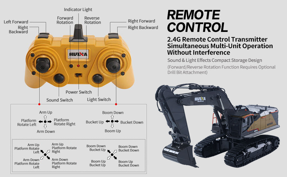 HUINA Toy 1/14 592 RC Tracked Excavator Car Model Gift 2.4G Radio Light Sound Remote Control Construction Vehicle
