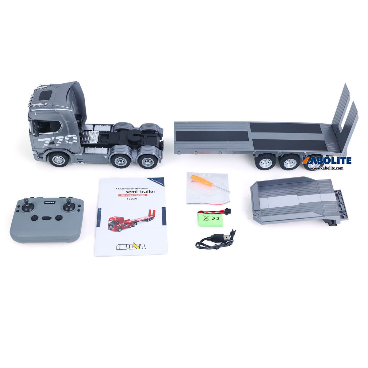 US Stock HUINA 770S 1/24 Radio Controlled Tractor Truck 1302A RTR Lights Sounds W/ 3Axle Plastic Semi Flatbed Trailer Manual Support Legs