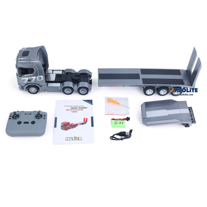 US Stock HUINA 770S 1/24 Radio Controlled Tractor Truck 1302A RTR Lights Sounds W/ 3Axle Plastic Semi Flatbed Trailer Manual Support Legs