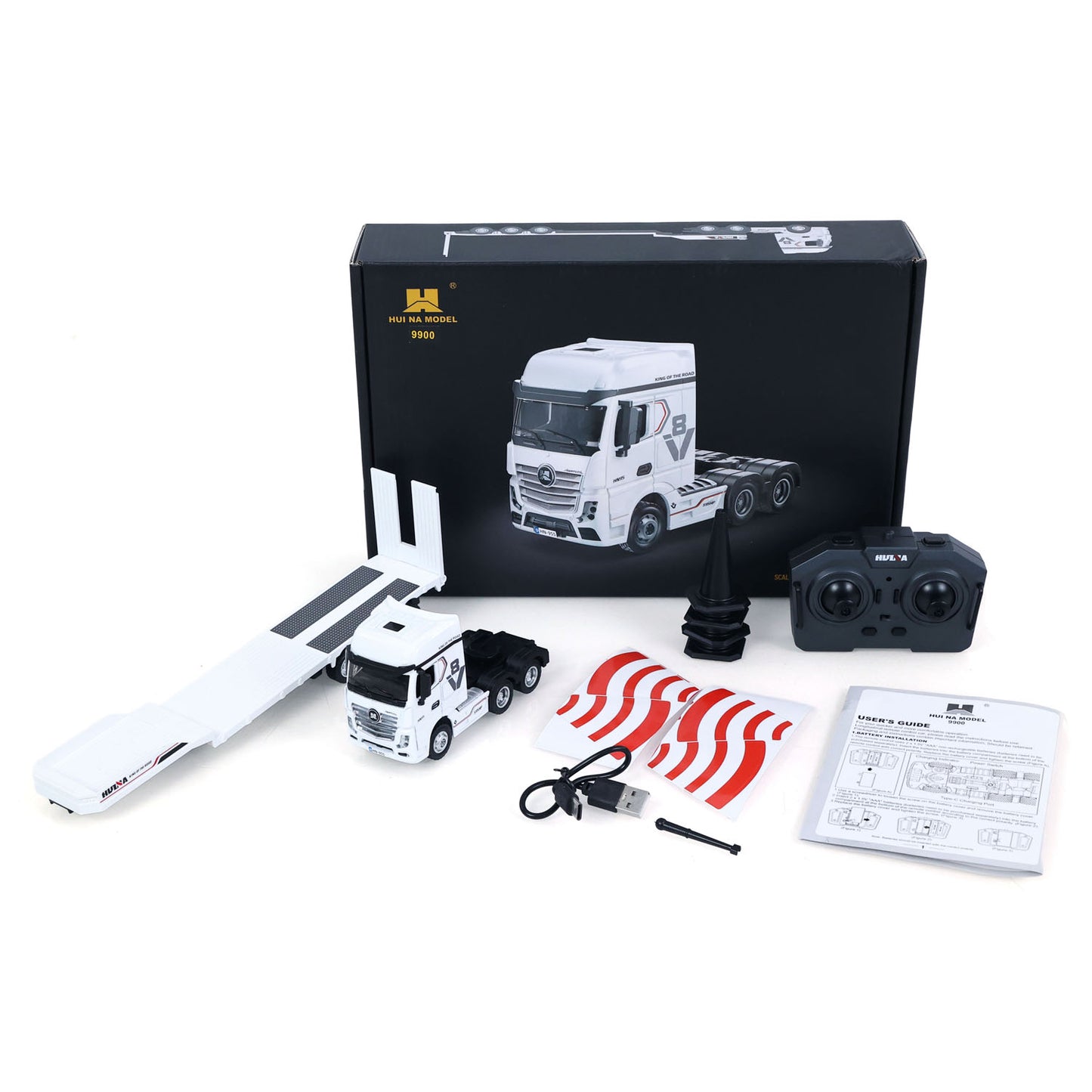IN Stock Pre-order RTR HUINA 1/64 Remote Control Tractor Truck 9900 W/ 3Axle Plastic Semi Flatbed Trailer Lights Sound Effect Manual Support Legs