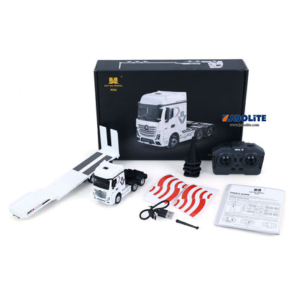 IN Stock HUINA 9900 1/64 6X4 Remote Control Tractor Truck with 3Axle Plastic Semi Flatbed Trailer Lights Sound Effect Manual Support Legs