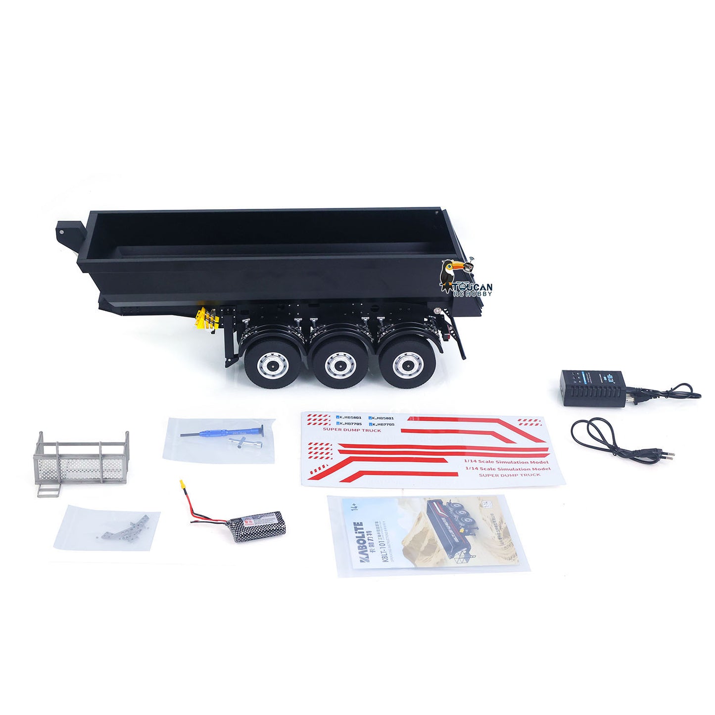 Kabolite 1/14 Metal Remote Control 3Axles Electric Lifting Semi Trailer Dumper for RC Tractor Truck SC 770S 100 Battery Charger