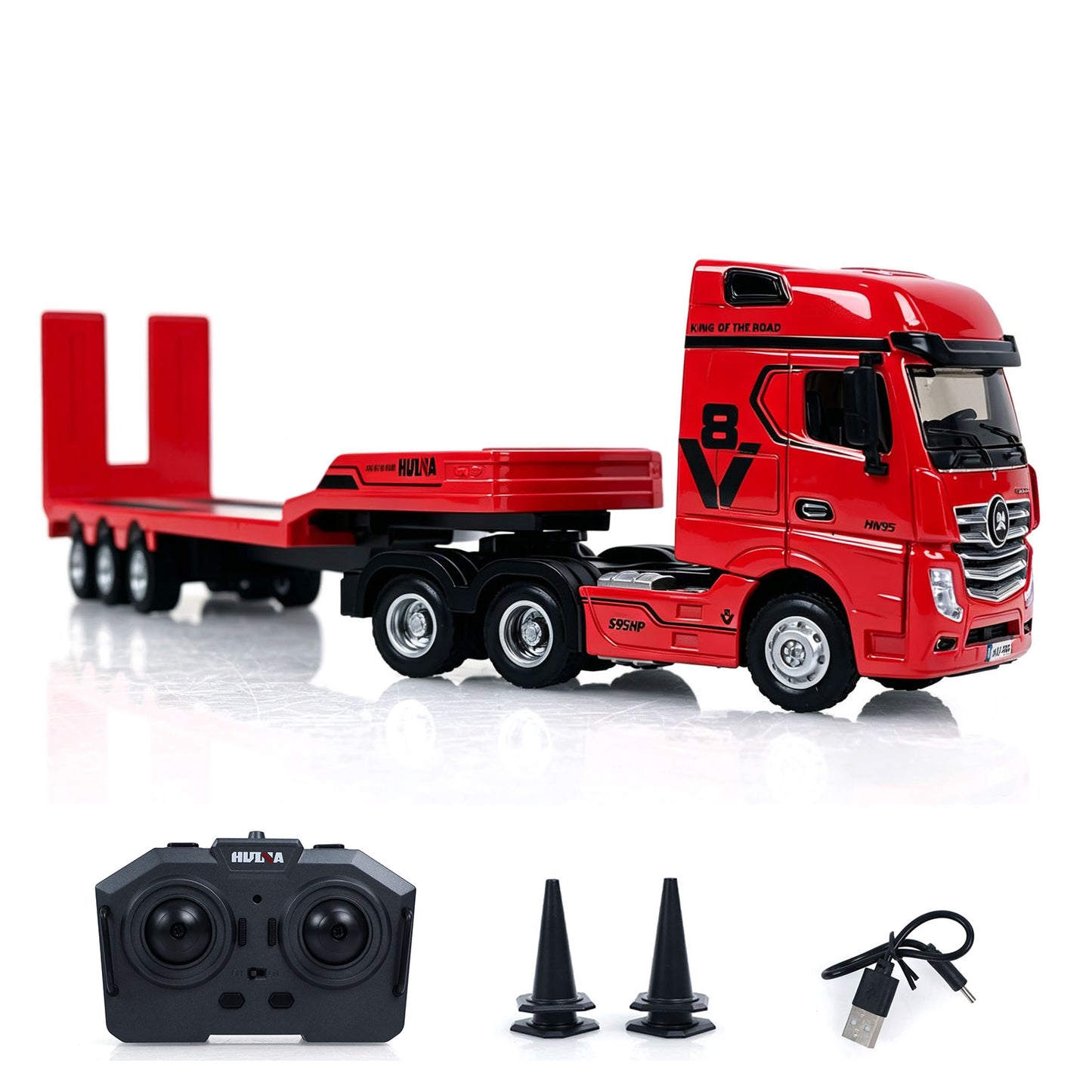 IN Stock Pre-order RTR HUINA 1/64 Remote Control Tractor Truck 9900 W/ 3Axle Plastic Semi Flatbed Trailer Lights Sound Effect Manual Support Legs