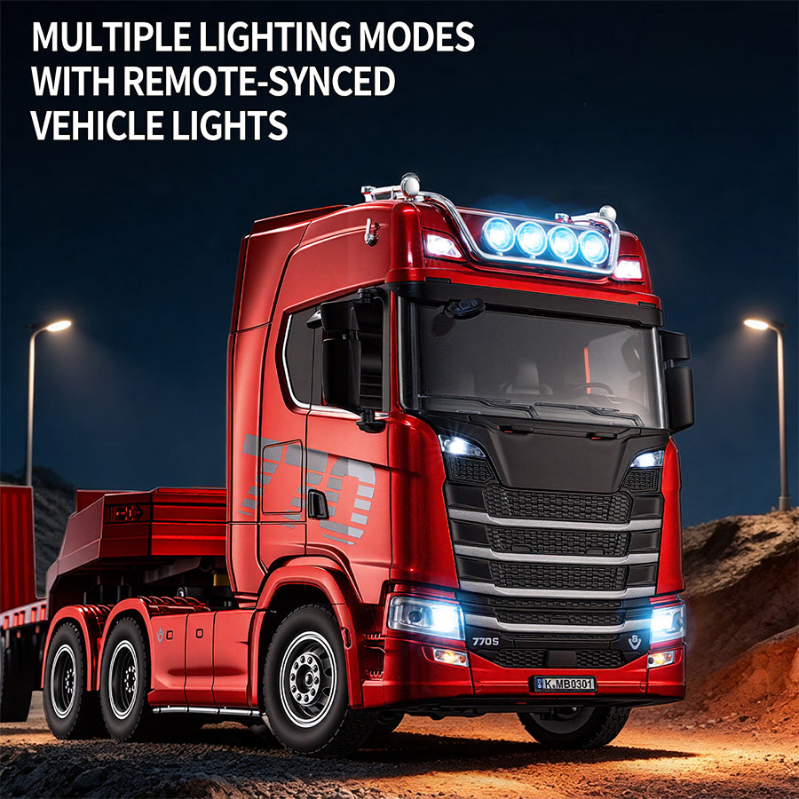 Pre-order HUINA RTR 1/24 Remote Control Tractor Truck 770S W/ Light Sound System Manual Support Legs Tail Board 3Axle Semi Flatbed Trailer