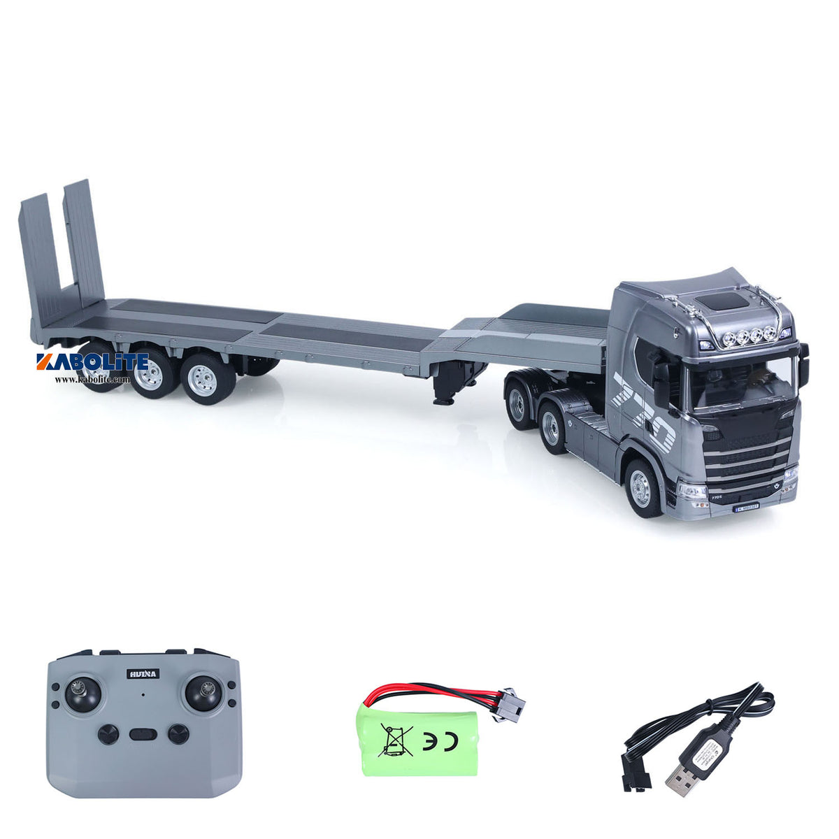 US Stock HUINA 770S 1/24 Radio Controlled Tractor Truck 1302A RTR Lights Sounds W/ 3Axle Plastic Semi Flatbed Trailer Manual Support Legs