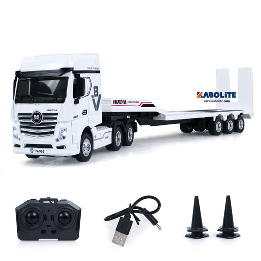 HUINA 9900 1/64 6X4 Remote Control Tractor Truck with 3Axle Plastic Semi Flatbed Trailer Lights Sound Effect Manual Support Legs