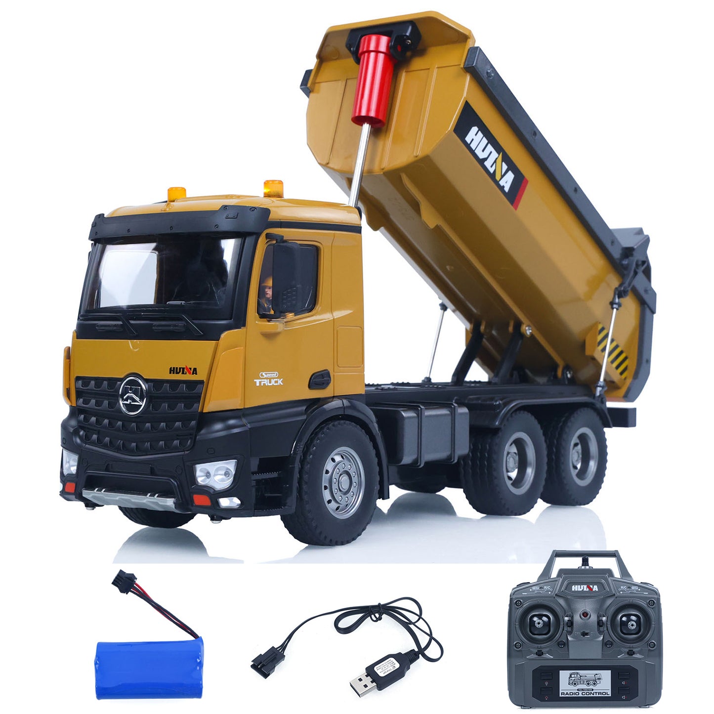 US Stock HUINA 1/14 Electric RC Dump Truck 573 Remote Control Tipper Model Vehicle Flowing Water Light Sound Effect 2.4G Radio Battery