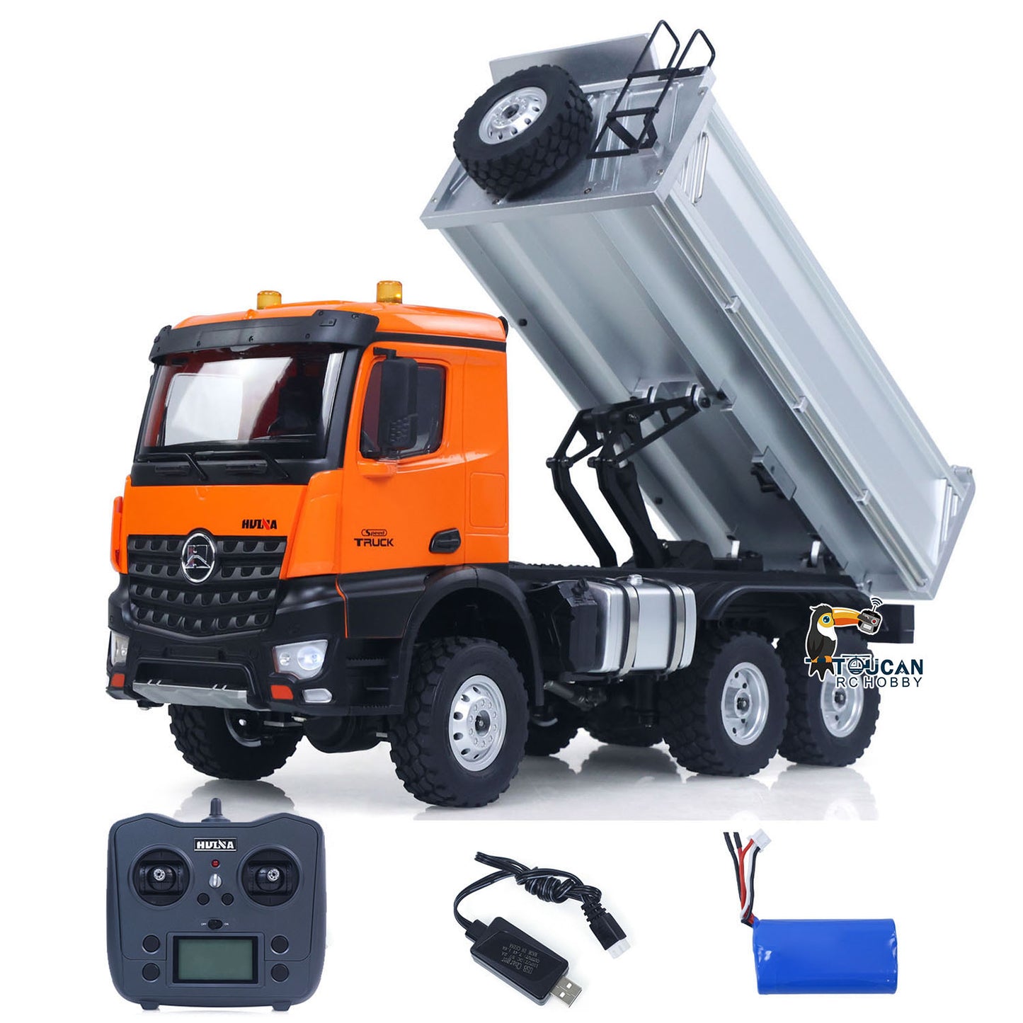 Fast Free Shipping 1/14 HUINA 1598 2.4G Remote Control Dumper 6*6 Engineering Transport Vehicle Lifting Rod Tipper Car Light Sound Battery Toys