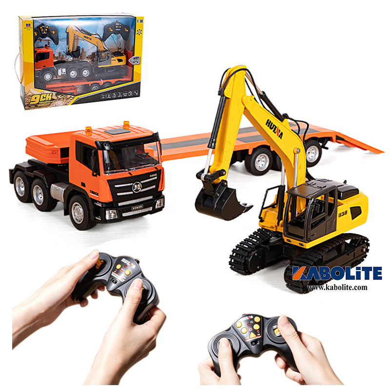 HUINA 1319 1/18 2.4G Remote Control Tractor Truck with Trailer and RC Excavator Model Construction Vehicle Set Gift for Boys