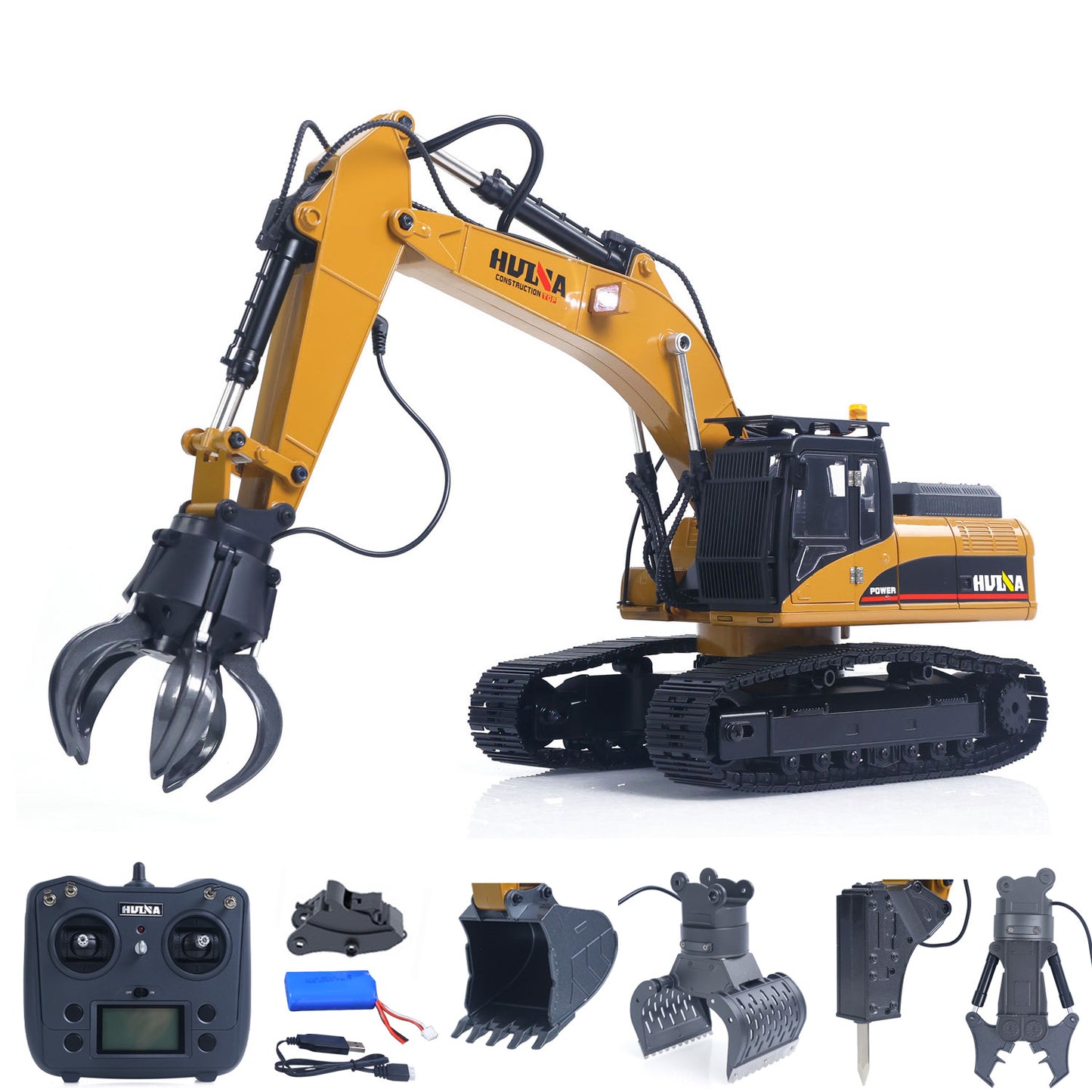 US Stock HUINA 580 1/14 Metal Excavator Model Engineering Vehicle Electric Ball Grabber 360 Rotating Shear Claw Sound Lights