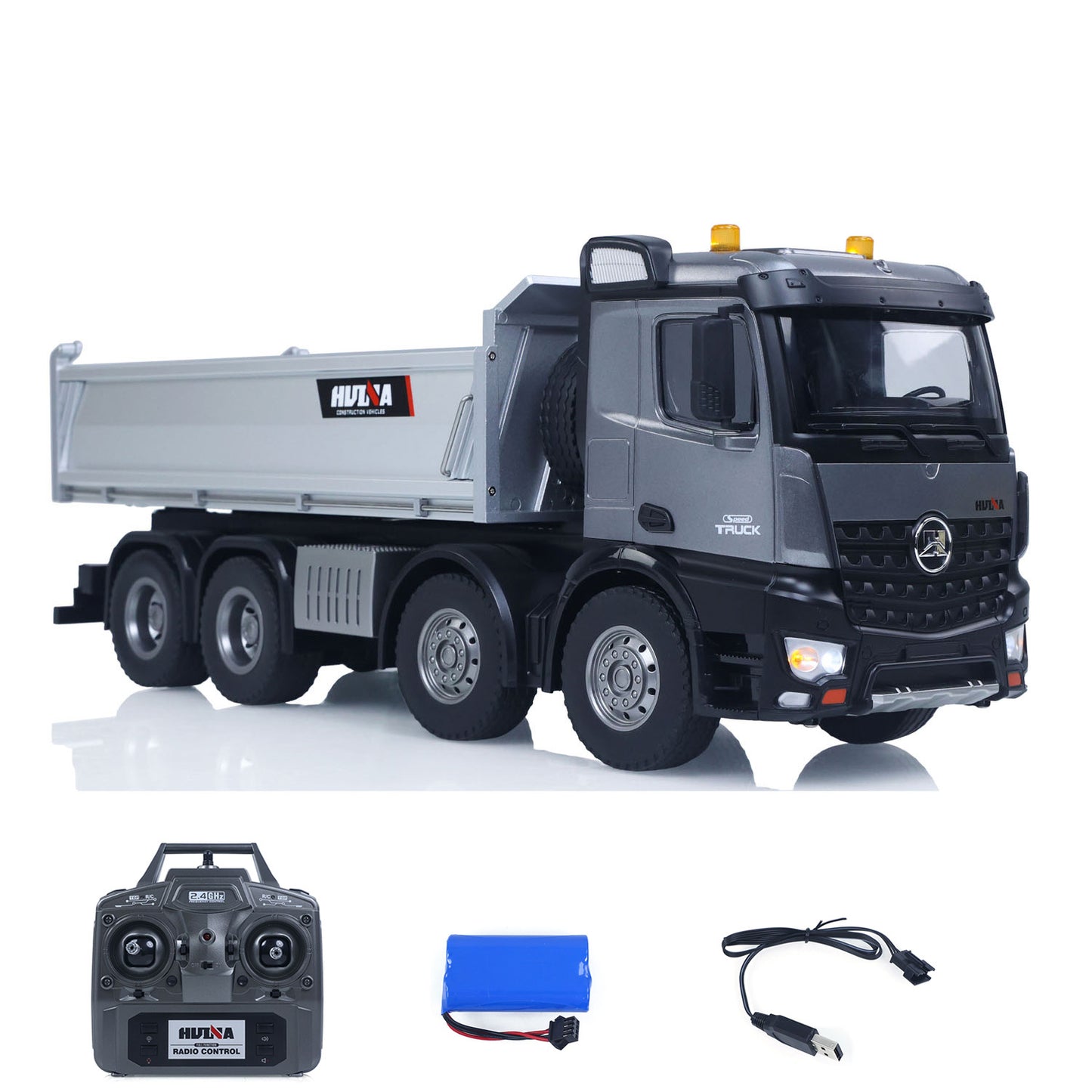 Fast Free Shipping for EU HUINA 1/14 Remote Control Dump Truck 12CH RC Tipper Finished Model Light Sound Effects 2.4G Radio System USB Charging Cable