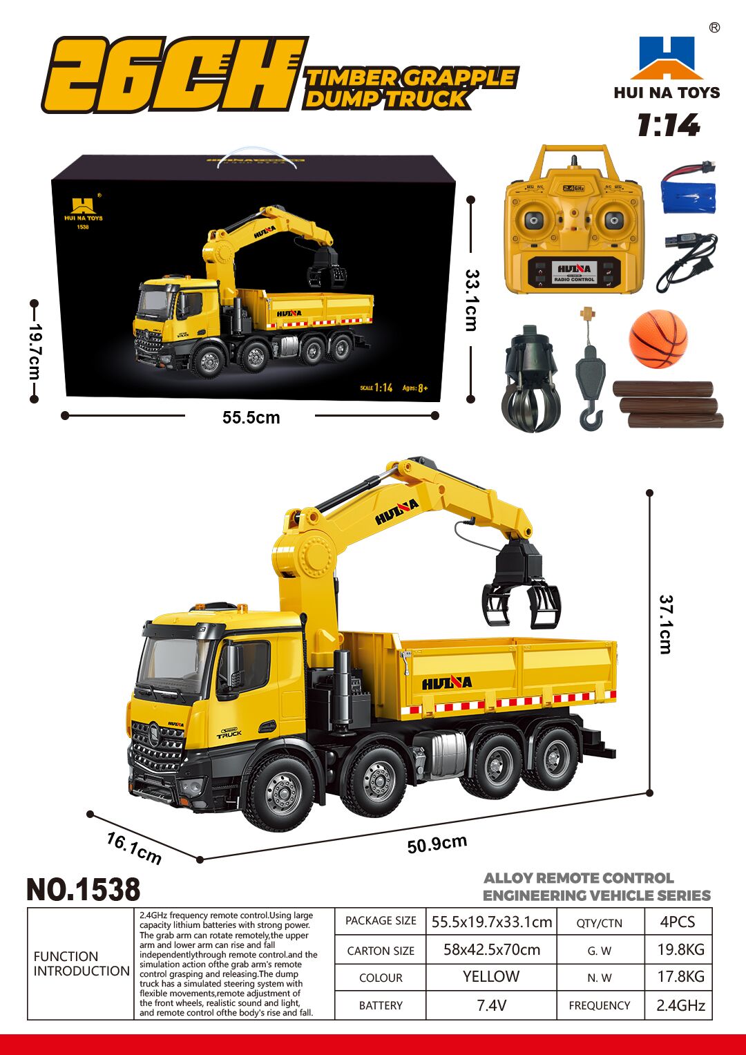US Stock HUINA 1538 1/14 RC Timber Grab Truck Dumper Remote Control Model Toy Vehicles 2.4G Radio Battery